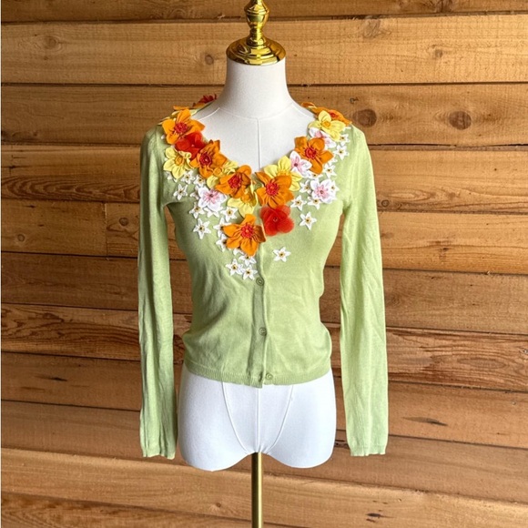Moschino Light Green Cardigan with Orange and Yellow Floral Accents - Picture 1 of 7